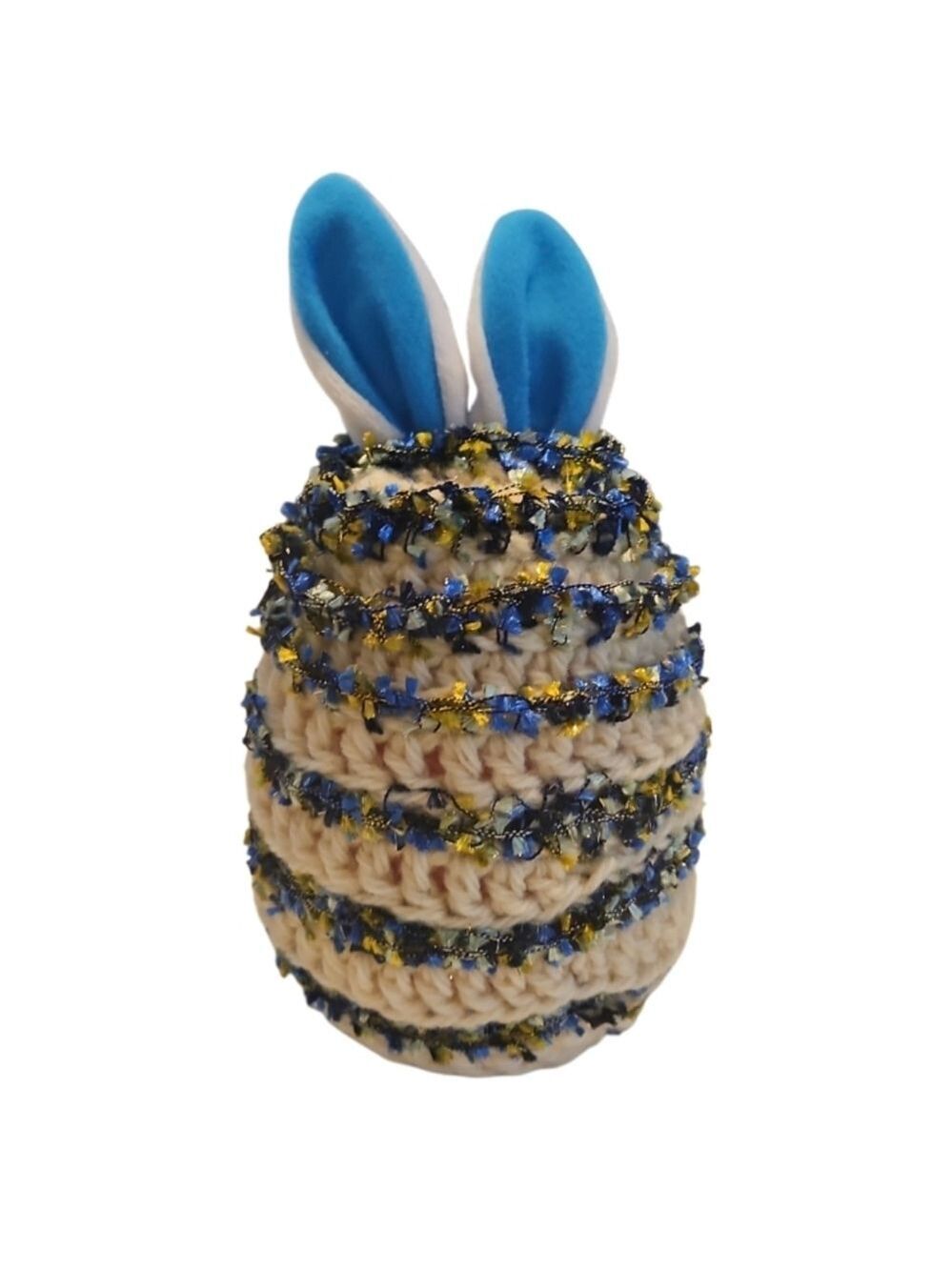 Upcycled Colorful Bunny Ear Toy Egg Wrapped on crochet blue & yellow fuzzy yarn